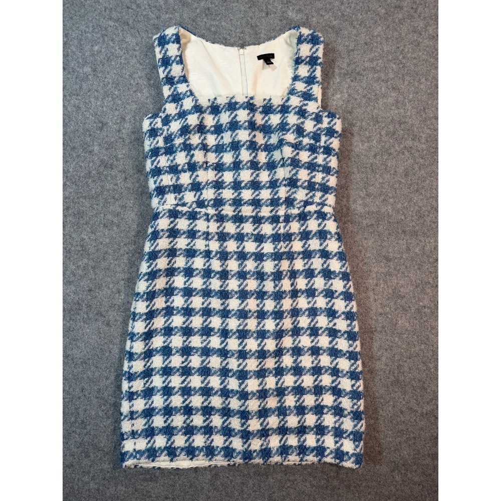 Ann Taylor Blue White Houndstooth Tweed Sheath Dress 4 Sleeveless Square Neck